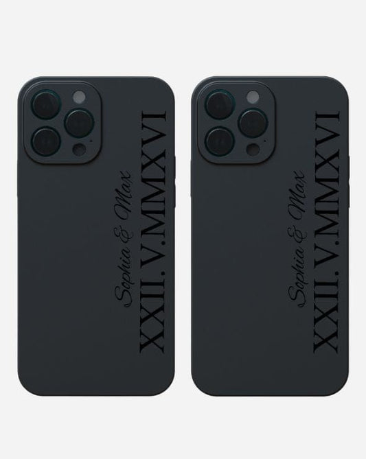 SET 2x PARTNERHÜLLE MIT ZWEI NAMEN & DATUM SEITLICH - GRAVUR styleyourmobilephone