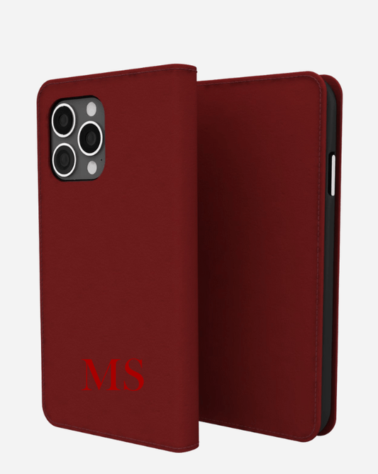 Leder Klapphülle für Iphone Rot mit Initialen  - Gravur - styleyourmobilephone
